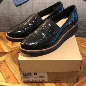 Clarks Sharon Dolly Black patent loafers